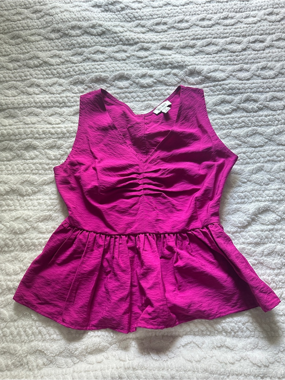 On 34th fuchsia babydoll peplum top with ruched bust and elastic waist